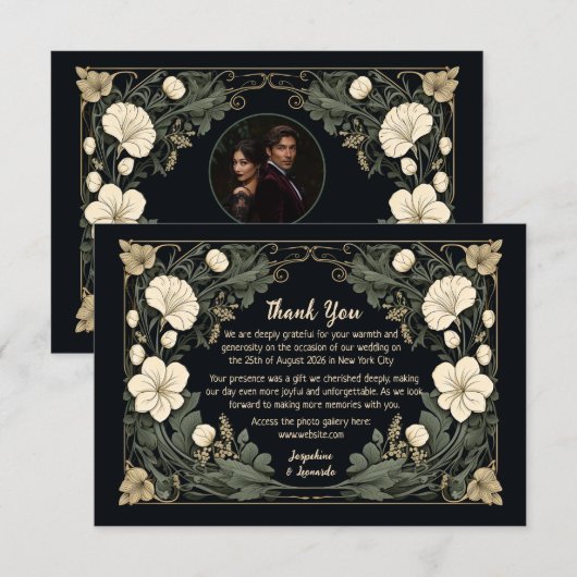 Elegante Dark Art Nouveau Floral Wedding Bedankt (Voorkant / Achterkant)