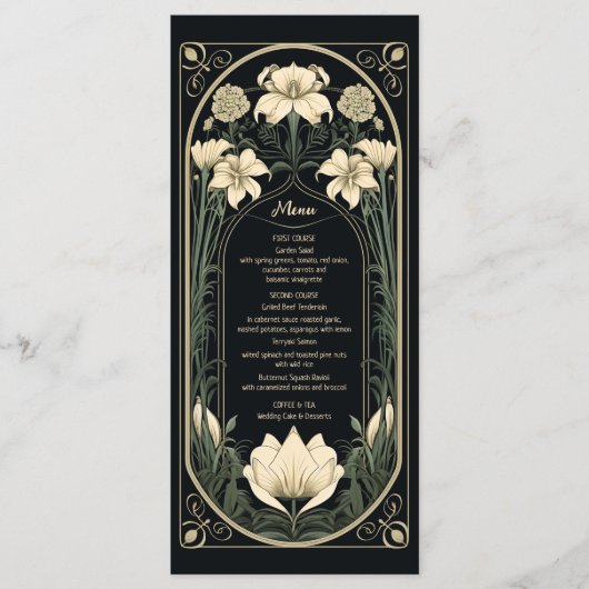 Elegante Dark Art Nouveau Floral Wedding Menu Kaar (Voorkant)