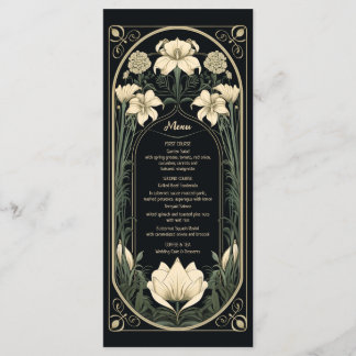 Elegante Dark Art Nouveau Floral Wedding Menu Kaar