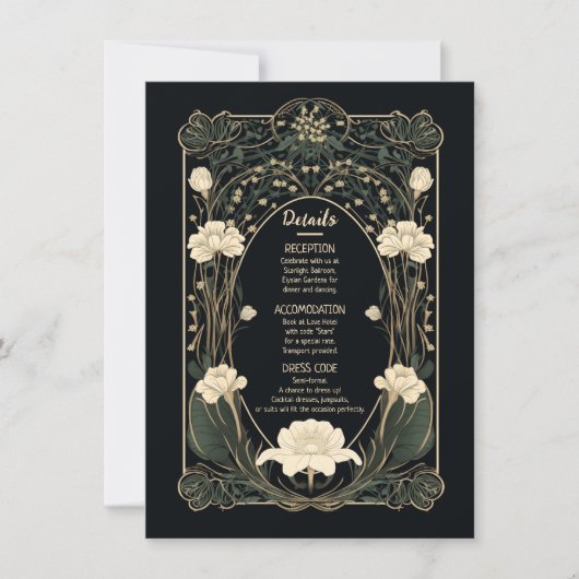 Elegante Dark Art Nouveau Wedding Details Kaart (Voorkant)