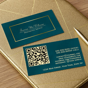 Elegante Dark Blauwgroen & Gold Professional QR-co Visitekaartje