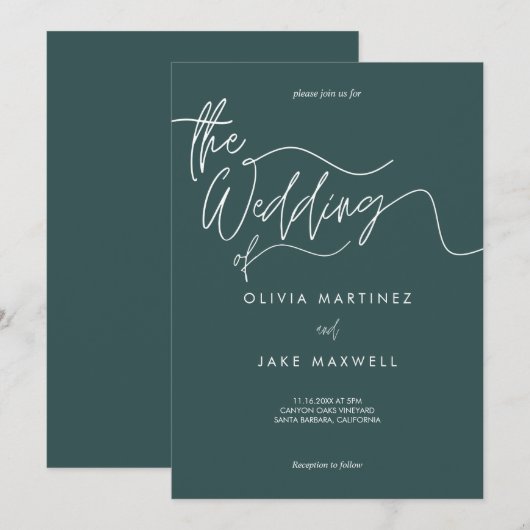 Elegante Dark Blauwgroen & White Modern Script Wed Kaart (Voorkant / Achterkant)