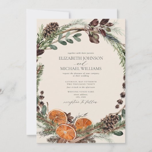 Elegante Dark Boho Citrus Greenery Winter Wedding Kaart (Voorkant)