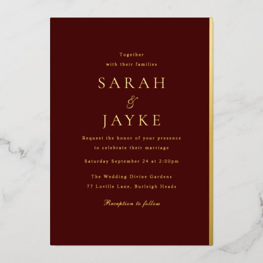 Elegante Dark Bourgondië Elegant Modern Wedding Go Folie Uitnodiging (Voorkant)