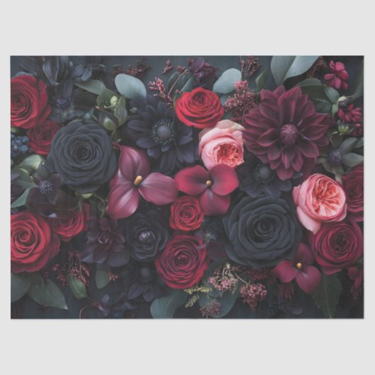 Elegante Dark Floral Arrangement met Rozen Tissuepapier (Voorkant)
