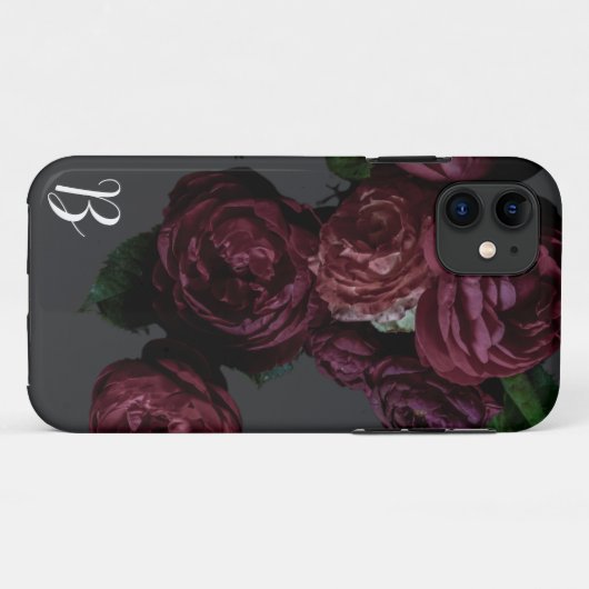 Elegante Dark Floral Roos Monogram I Phone Case (Achterkant (horizontaal))