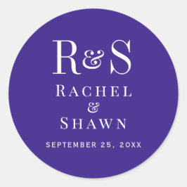 Elegante Dark Paarse Chic Modern Monogram bruiloft Ronde Sticker