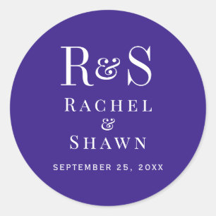 Elegante Dark Paarse Chic Modern Monogram bruiloft Ronde Sticker