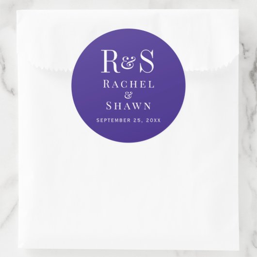 Elegante Dark Paarse Chic Modern Monogram bruiloft Ronde Sticker (Tas)