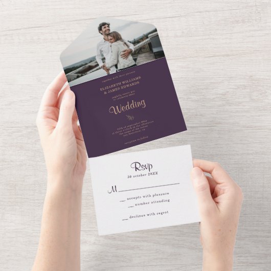 Elegante Dark Paarse Moody Boho bruiloft All In One Uitnodiging (Afscheurbaar)