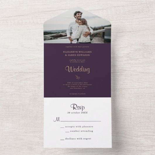 Elegante Dark Paarse Moody Boho bruiloft All In One Uitnodiging (Binnen)