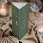 Elegante Dark Sage Green Menu Tafelnummer drievoud<br><div class="desc">Drievoudig huwelijksmenu en tafelnummer: alles in één, vouw het papieren vel in 3 om uw staande menu te krijgen. Een moderne typografie en een trendy salie groen kleurenpalet voor uw bruiloft briefpapier: kies deze eenvoudige en elegante bruiloft suite. Volledig aanpasbaar: u kunt de achtergrond en de tekstkleur naar wens wijzigen....</div>