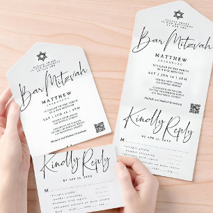 Elegante Davidster Bar Mitswa QR maaltijd optie All In One Uitnodiging