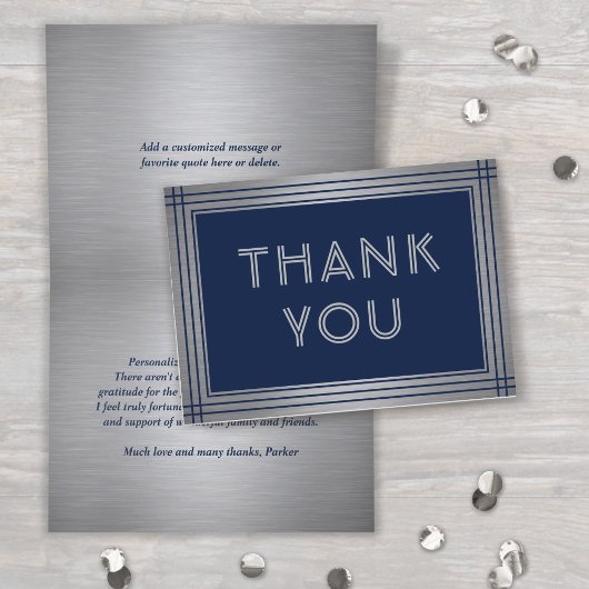 Elegante Deco Typografie Navy Blue & Faux Metallic Bedankkaart