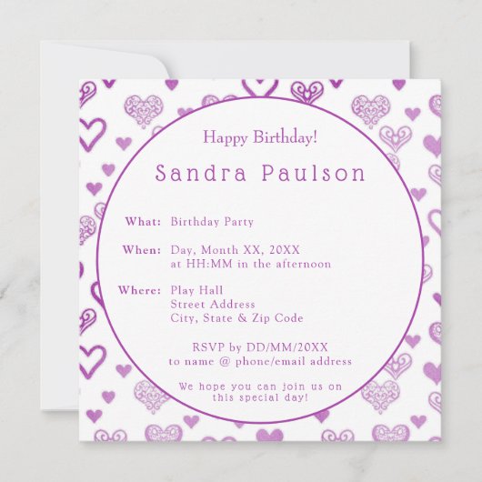 Elegante decoratieve paarse harten verjaardagsfees kaart (Voorkant)