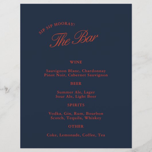 Elegante Deep Blue Black & Red Wedding Bar Menu (Voorkant)