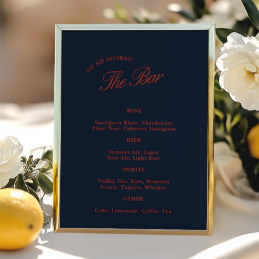Elegante Deep Blue Black & Red Wedding Bar Menu