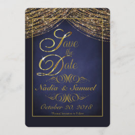 Elegante Deep Blue en Gold Glitter Save the Dates Date