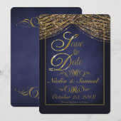 Elegante Deep Blue en Gold Glitter Save the Dates Date (Voorkant / Achterkant)