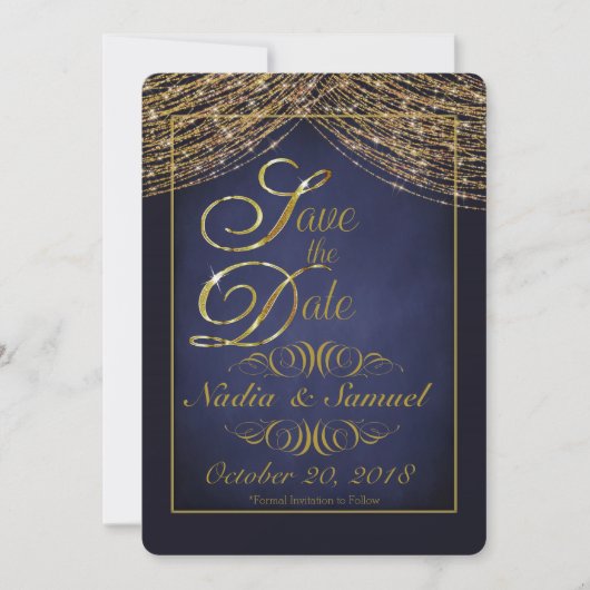 Elegante Deep Blue en Gold Glitter Save the Dates Date (Voorkant)