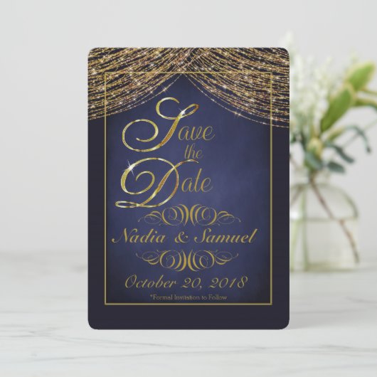 Elegante Deep Blue en Gold Glitter Save the Dates Save The Date (Staand voorkant)