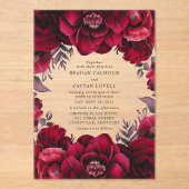 Elegante Deep Crimson Red Floral Romantische bruil Acryl Uitnodigingen (Voorkant)
