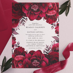 Elegante Deep Crimson Red Floral Romantische bruil Vellum Uitnodigingen