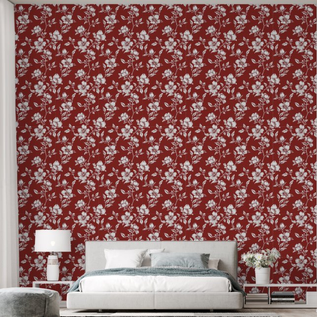 Elegante  Deep Red en White Floral Behang (Slaapkamer)