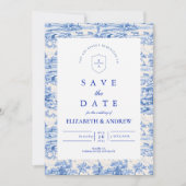 Elegante Delft Blauw Chinoiserie Bruiloft Save The Date (Voorkant)