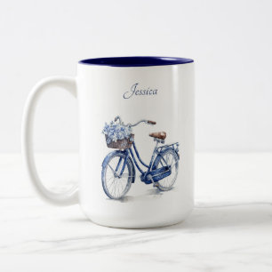 Elegante Delft Blauwe Bloemrijke Fiets Gepersonali Tweekleurige Koffiemok