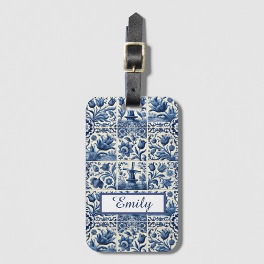 Elegante Delftse Tegels gepersonaliseerd Bagagelabel (Voorkant (verticaal))