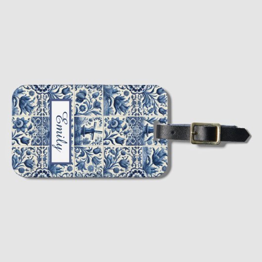 Elegante Delftse Tegels gepersonaliseerd Bagagelabel (Voorkant (horizontaal))