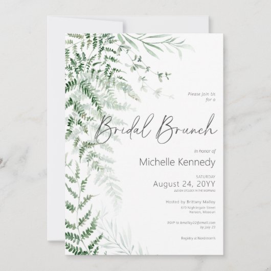 Elegante delicate groen varens bruids brunch kaart (Voorkant)