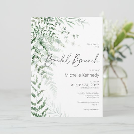 Elegante delicate groen varens bruids brunch kaart (Staand voorkant)