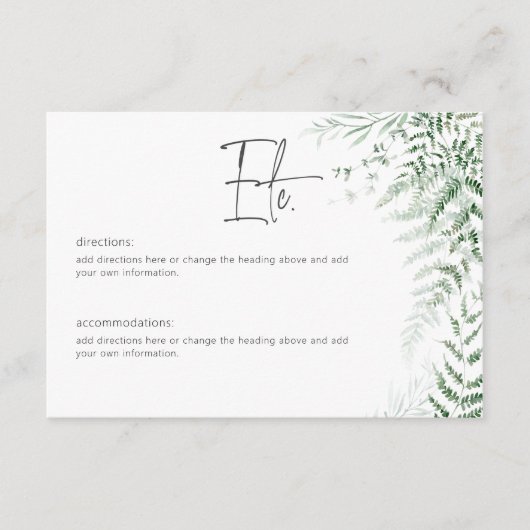 Elegante delicate groen varens bruiloft details informatiekaartje (Voorkant)