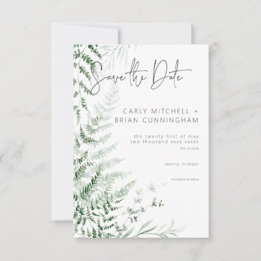 Elegante delicate groen varens bruiloft save the date (Voorkant)