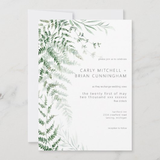 Elegante delicate groen varens bruiloft uitnodigin kaart (Voorkant)