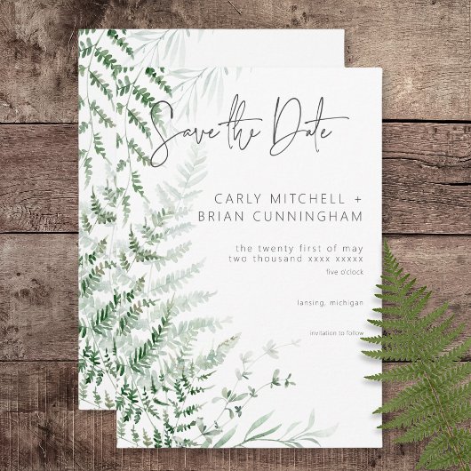 Elegante Delicate Groene Varens Bruiloft Save The Date
