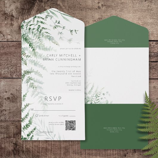 Elegante Delicate Groene Varens QR Code All In One Uitnodiging