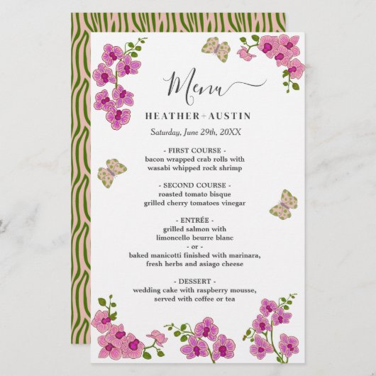 Elegante delicate Paarse orchideeën bruiloft menu (Voorkant / Achterkant)