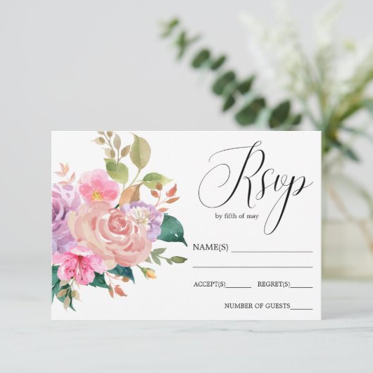 Elegante delicate roze boeket bruiloft RSVP (Staand voorkant)