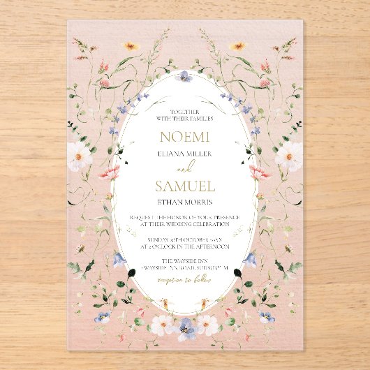Elegante Delicate Waterverf Wildflower bruiloft in Acryl Uitnodigingen (Voorkant)