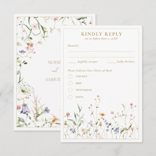 Elegante delicate Waterverf Wildflower RSVP Informatiekaartje (Voorkant / Achterkant)