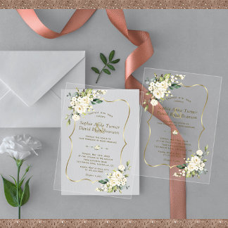 Elegante Delicate Witte Bloemen Gouden Bruiloft Acryl Uitnodigingen