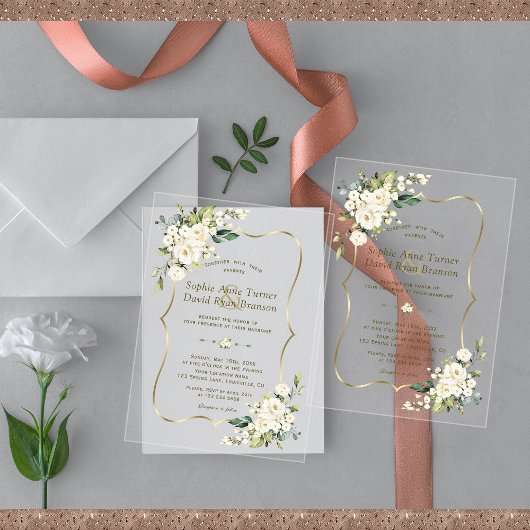 Elegante Delicate Witte Bloemen Gouden Bruiloft Acryl Uitnodigingen
