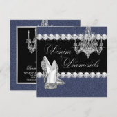 Elegante Denim en Diamanten Feest Kaart (Voorkant / Achterkant)