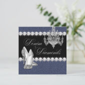 Elegante Denim en Diamanten Feest Kaart (Staand voorkant)