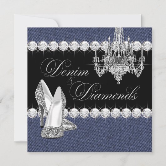 Elegante Denim en Diamanten Feest Kaart (Voorkant)