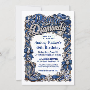 Elegante Denim en Diamanten Verjaardag Kaart