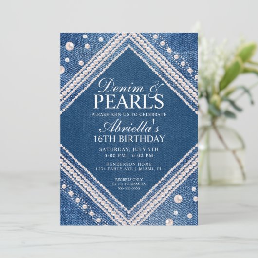 Elegante Denim en Parels Uitnodiging (Staand voorkant)